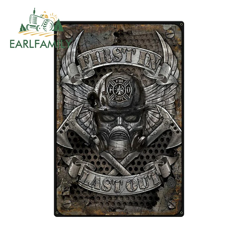 EARLFAMILY 13cm x 8.6cm  3D Metal Sign Firefighter Car Sticker Fire Dept First In Last Out Vinyl Decal Window Car Trunk Stickers