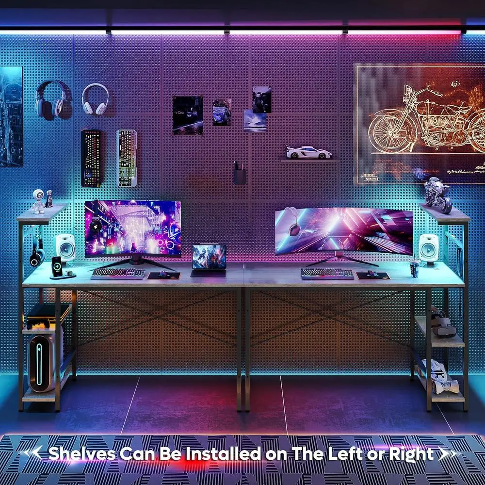 Mesa para jogos com luzes LED, mesa para computador de 51,3 polegadas com prateleiras reversíveis de 4 camadas, escrivaninha para escritório doméstico com armazenamento lateral