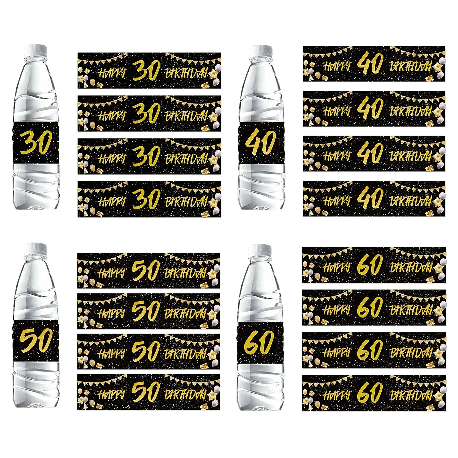 48-Pack Birthday Water Bottle Stickers, Happy Birthday Labels, Practical & Decorative for 30 40 50 60 Years Old Birthday Party