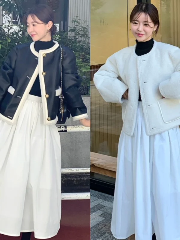 

Retro Contrast Color Single Button PU Leather Fur Inteated Thiened Jaet Inner Fce Women's Top Double Sided Wear