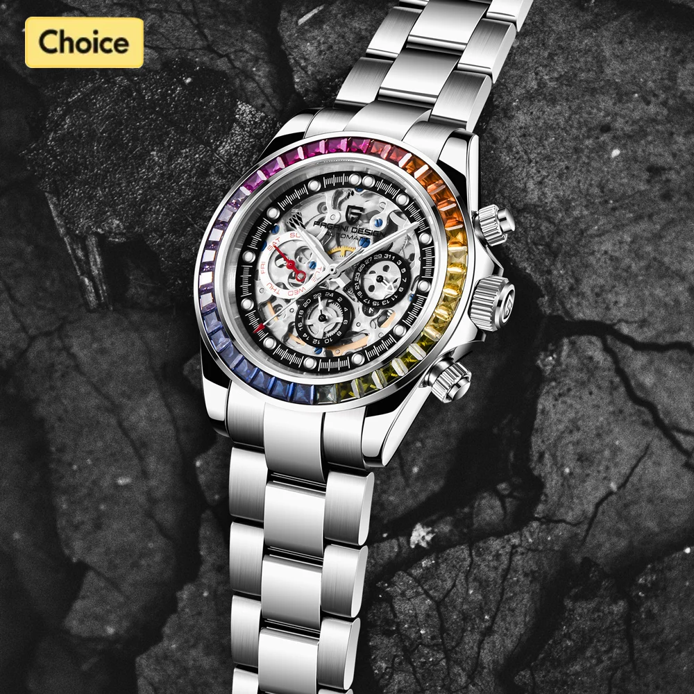 PAGANI DESIGN Mechanical Luxury Rainbow Circle Men Watch 100M Waterproof AR Sapphire mirror Wristwatch All Steel Luminous Clock