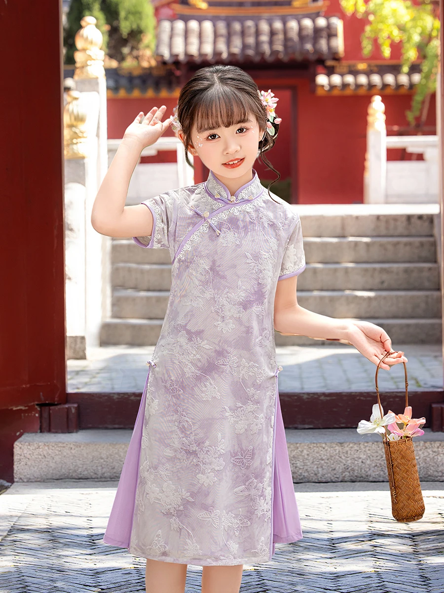new-2025-summer-thin-children's-purple-hanfu-dress-girls-spring-fashion-medium-length-short-sleeve-floral-print
