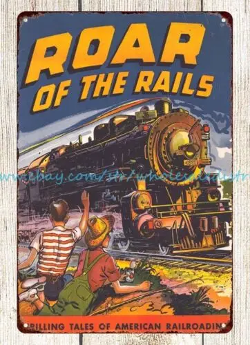 1944 Gilbert Roar of Rails train hobby American Railroading metal tin sign