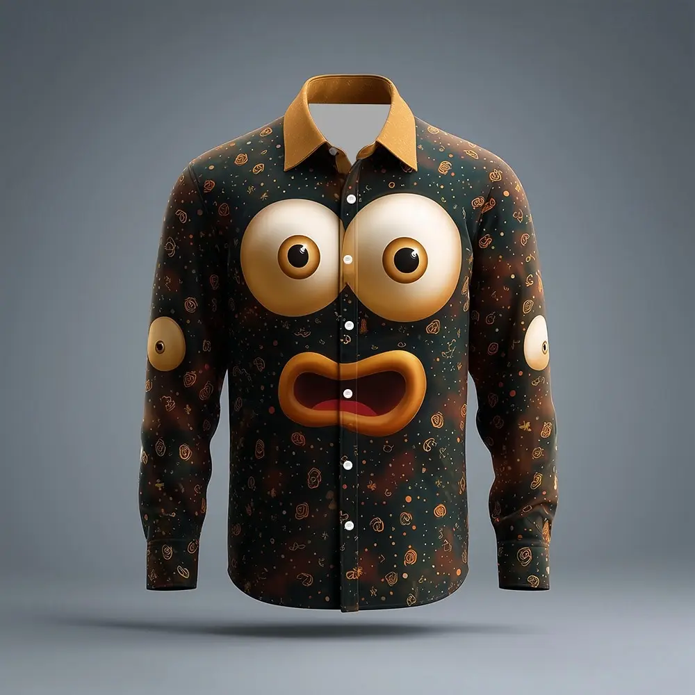 3D Scared Expression Pattern Long Sleeve Shirt For Men Fashion Creative Personality Turn-Down Collar Shirts Loose Casual Clothes
