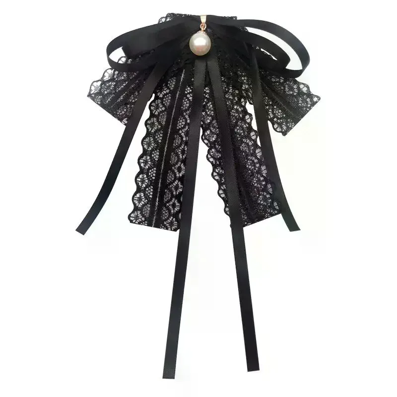 Fashion Black Lace Ribbon Bow Tie Pearl Pendant Brooch Women Shirt Collar Clothes Necktie Decoration Accessories