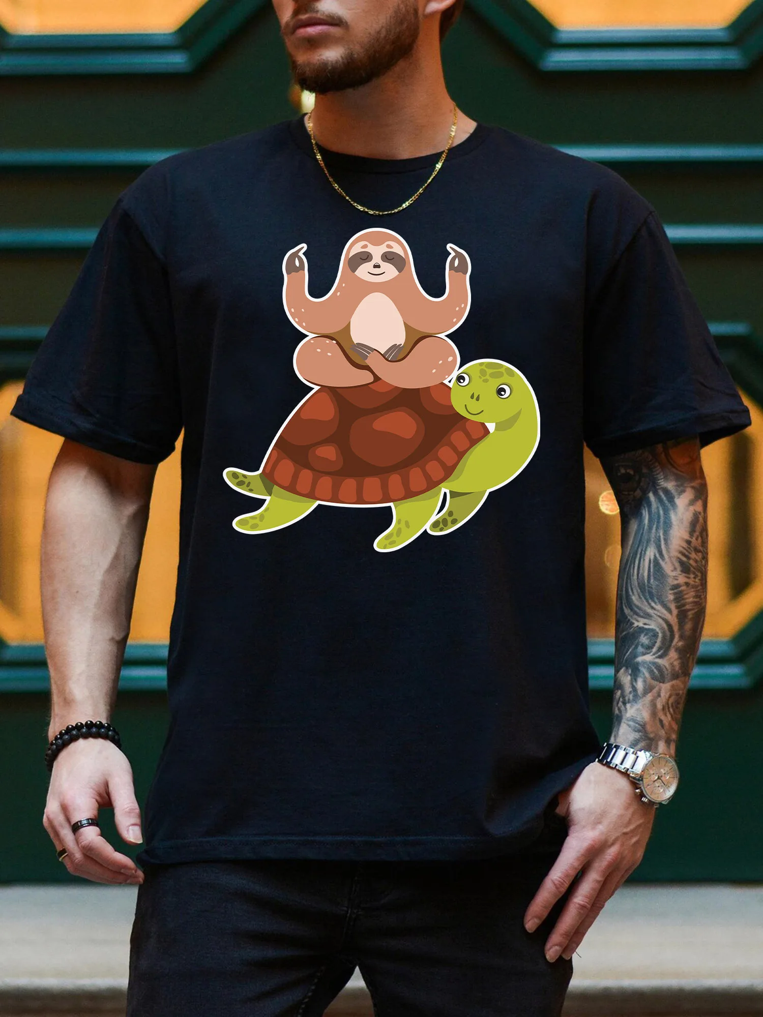 Sloth Riding A Turtle Men's Graphic Tee, Pure Cotton Everyday Black T-Shirt, Lightweight Round Neck Tee