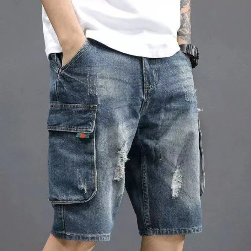 Man Denim Shorts Straight with Pockets Baggy Short Jeans Pants for Men Wide Loose Emo Streetwear Y2k Fashion Retro Blue Buttons