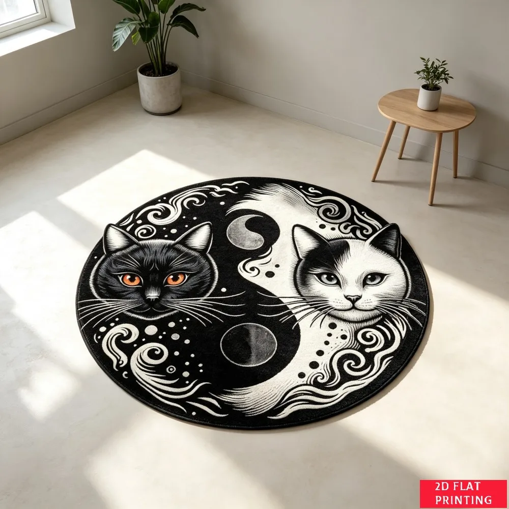 Yin Yang Black White Cat Wave Floral Pattern Round Rug For Zen Bedroom Or Meditation Space Featuring Spiritual Balance Printed