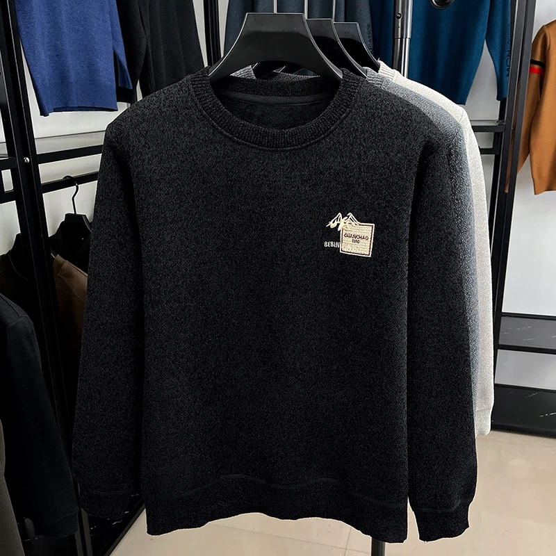 Designer Original Men's Fleece-Lined Thickened Knit Sweater Round Neck Long Sleeve Soft Warm Anti Pilling Casual Business Men's