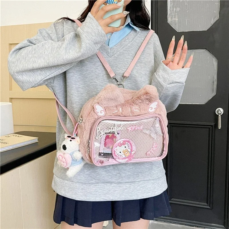 Xiuya Plush Cat Womens Backpack Y2k Fluffy Cute Casual Transparent Ita Bag Fashion Kawaii Japanese Style Lolita Jk Shoulder Bag