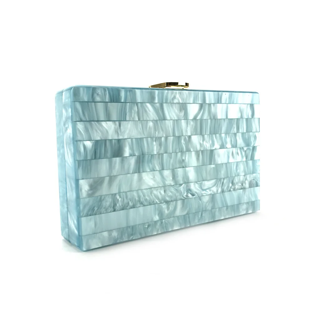 Bolso de mensajero con perlas acrílicas para mujer, bolsa de mano de retales a rayas de color azul claro, de lujo, a la moda, para fiesta de noche,