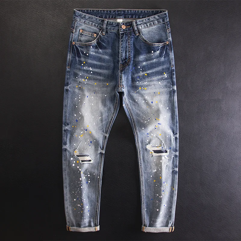 

Spray Paint Ink Splatter Patch Ripped Jeans Men Slim Fit Small Straight Elastic Personality Fashion Trend High-end Denim Pants