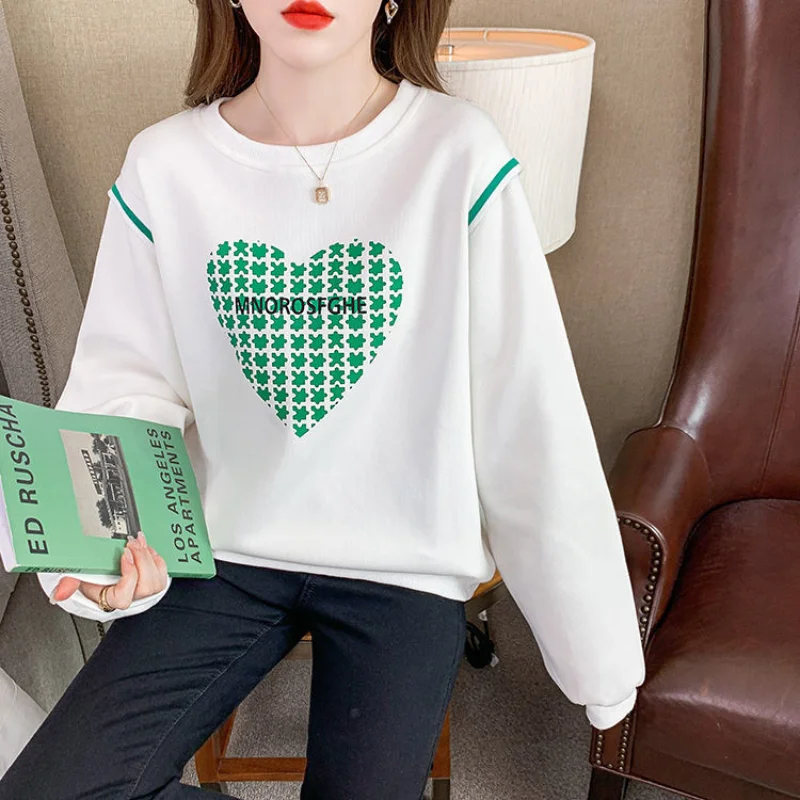 Women\'s Long Sleeve O-Collar Hoodies Fake Two Letter Printing Green Love, Thin, Classic, Long Sleeve, Autumn, Lady Top, Fashion