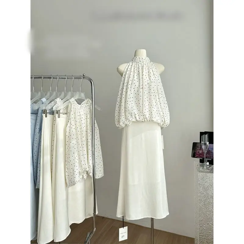 Women's Light Blue White Polka Dot Halter Neck Two Piece Dress Elegant Casual Midi Skirt Set