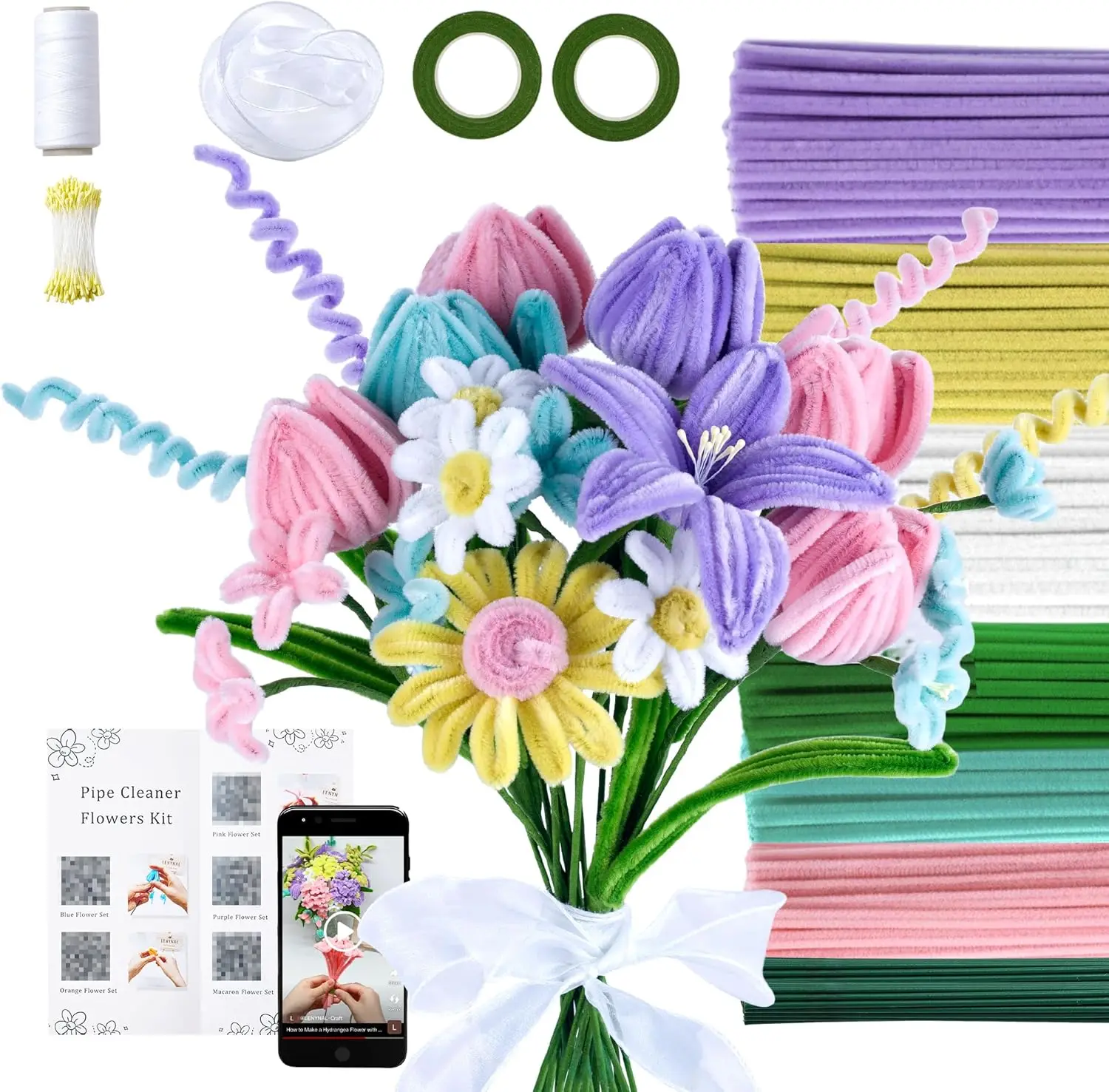 

500 Pcs Pastel Pipe Cleaners Craft Bulk, Macaron Flower Kit, Glue-Free & Safe, Step-by-Step Tutorial for Chenille Stems