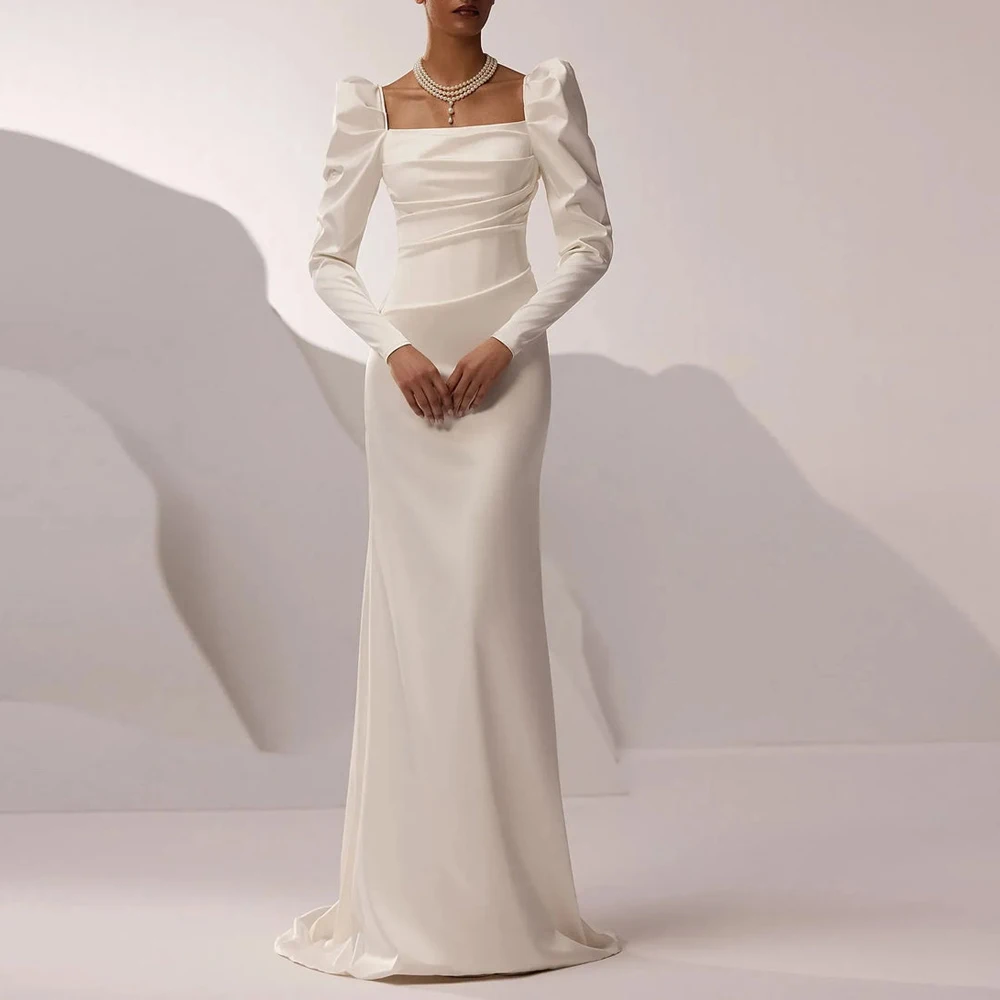 

Свадебное платье русалки с квадратным вырезом по индивидуальному заказу, атласные свадебные платья со складками и длинными рукавами, однотонное длинное платье de mariage