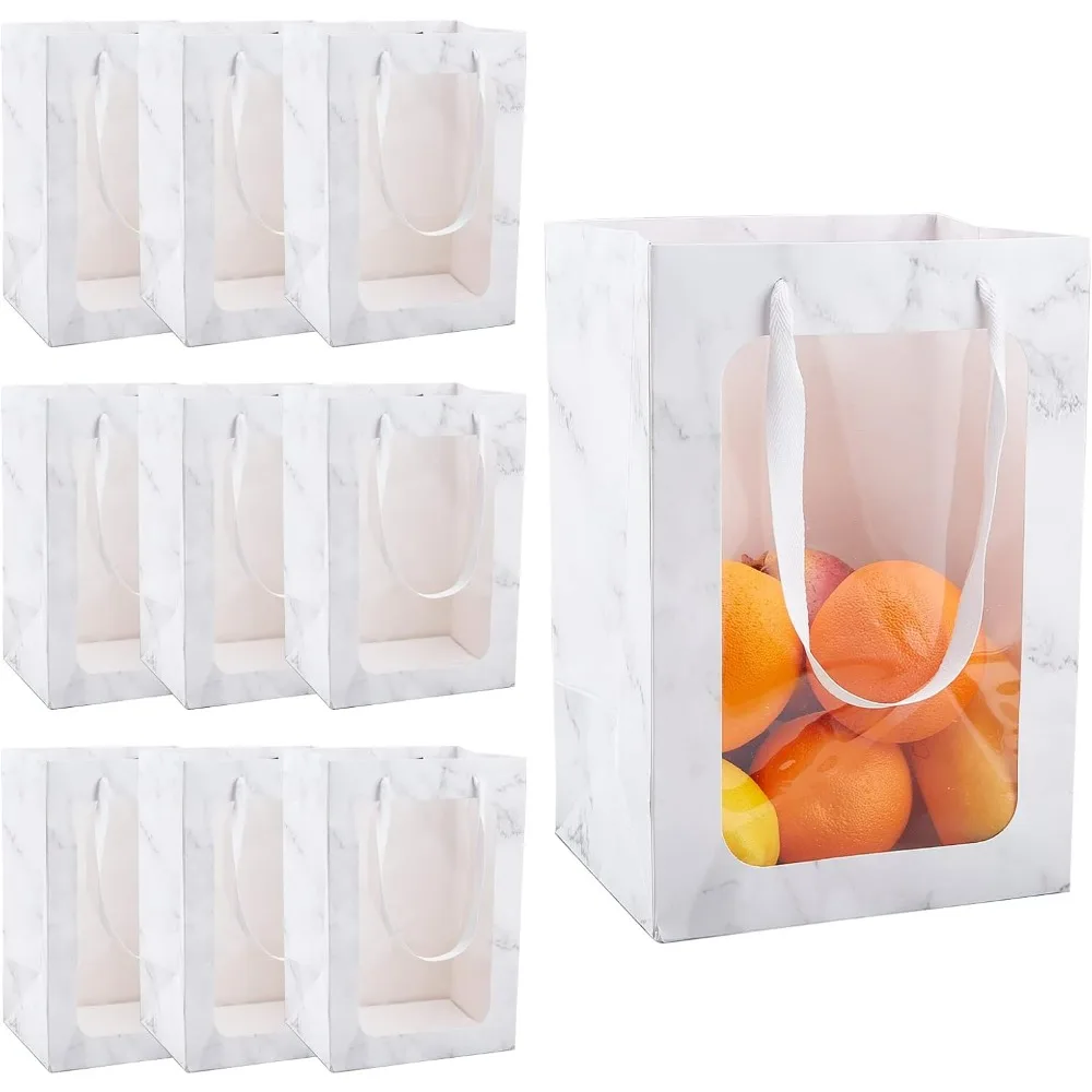 

10pcs Marble Gift Bags Tote Paper Bags with Transparent Window White Kraft Paper Bags Flower Bouquet Paper Gift Bags