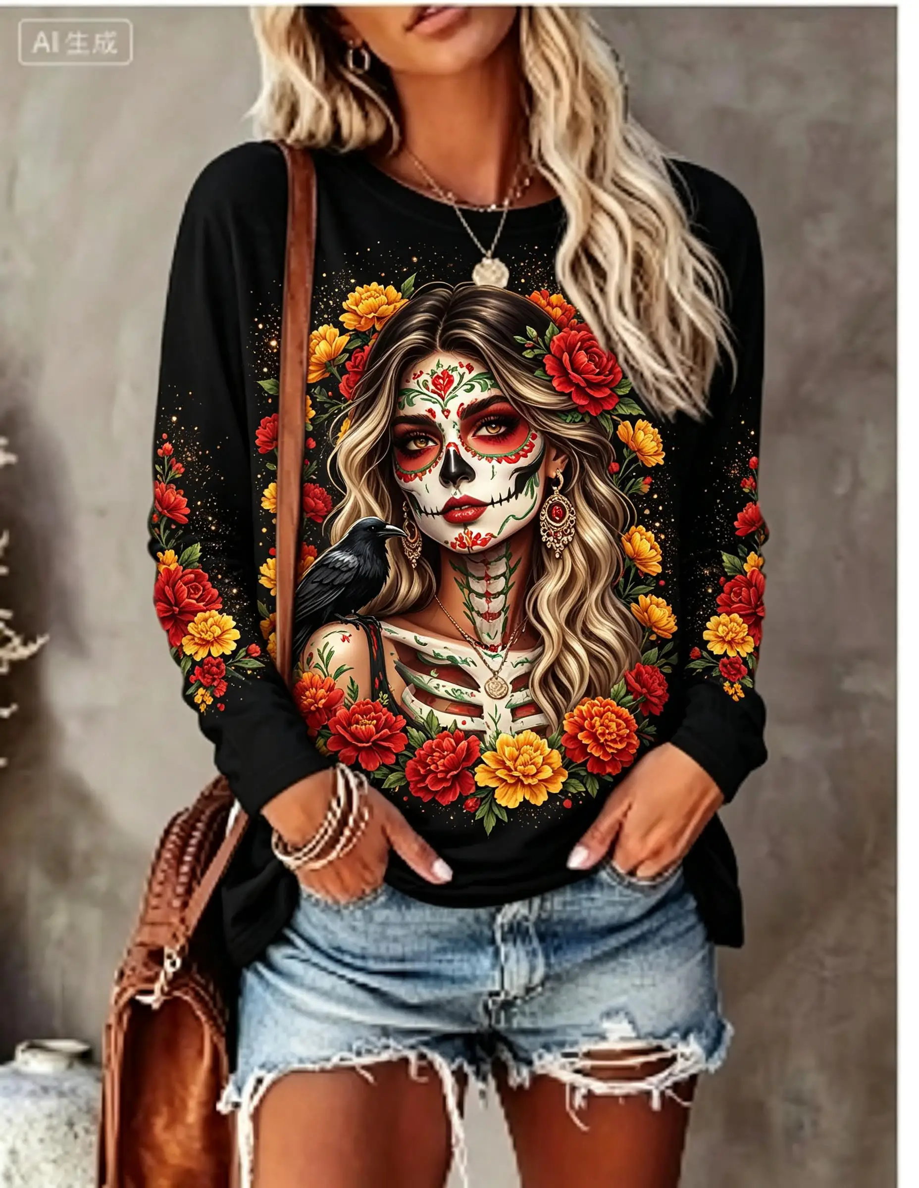 Women's Halloween Top Black Sugar Skull Catrina Flower Long Sleeve T Shirt image 5