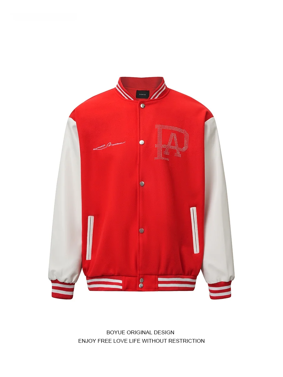 

Boyue Glittering Rhinestone Baseball Jaet ex Casual Sportswear Color Blo Youthful Trend Loose Fit Long Sve Coat