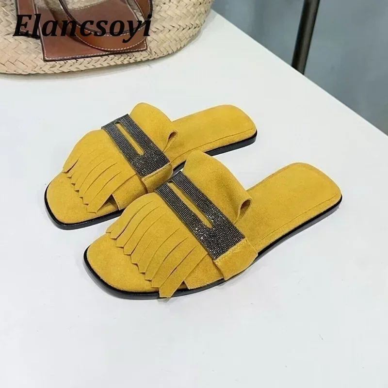 Metal String Bead Decor Kid Suede Tassels Flat Bottom Slippers Women Open Toe Lazy Sandals Ladies Summer Outdoor Vacation Shoes view 2