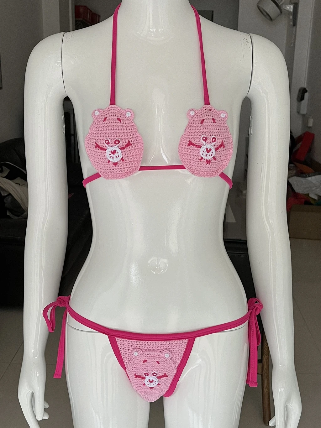 Microbikini rosa para mujer, bañador con diseño de osos de ganchillo, traje de baño bonito, ropa de playa Sexy, novedad de 2024