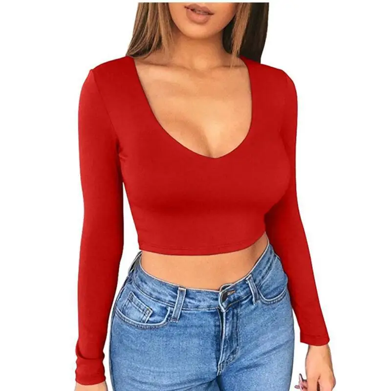 Sexy Solid Low Cut Crop Top Long Sleeve Slim Fit T Shirt Pullover Tight Fitted Tee Short Midriff Slim Shirt With Ribbed Stretch