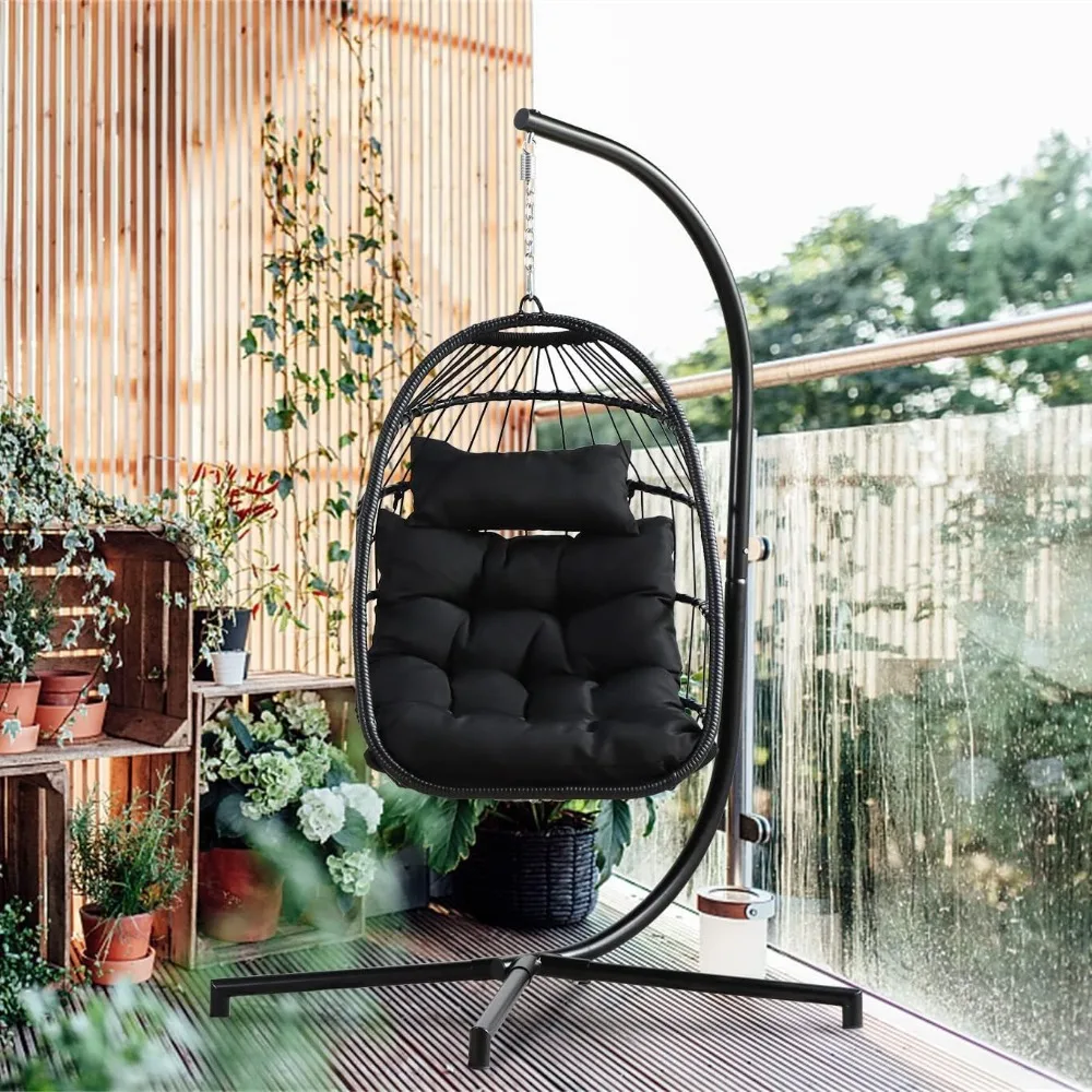 

Indoor Outdoor Patio Hanging Egg Chair Wicker Swing Hammock Chairs UV Resistant Cushion Folding Aluminum Frame 330lbs Capacity