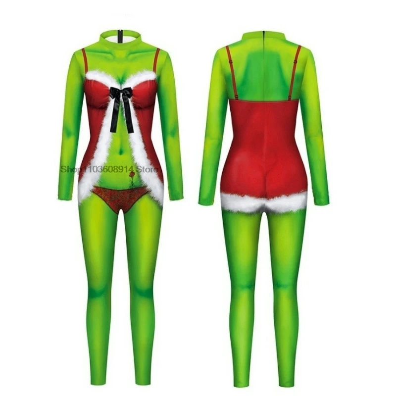 

New Christmas Women's Jumpsuit Long Sleeve Green Printing Bodysuit Holiday Party Funny Cosplay Costumes Performance Outfits