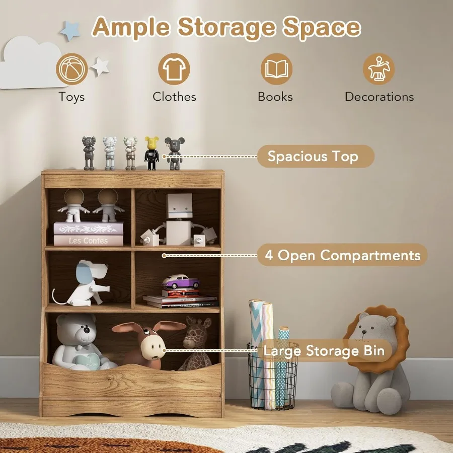 Organizer na zabawki z drewna z regałem i półką ekspozycyjną do pokoju dziecięcego, przedszkola lub garderoby, szafka z 4 przegródkami z naturalnego drewna.