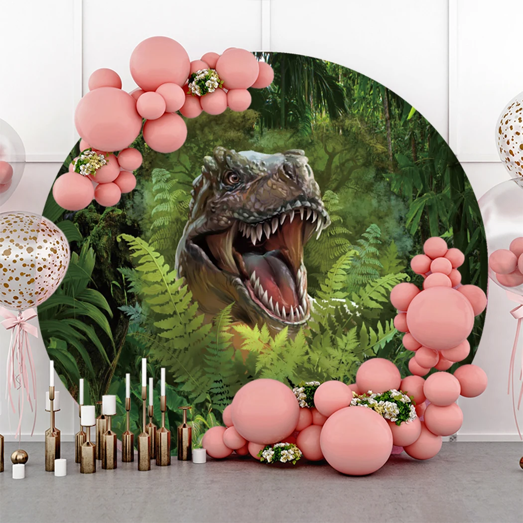 Custom Round Dinosaur Theme Birthday Party Backdrop Polyester Jungle Safari Wild 1 Tyrannosaurus Rex  Photography Studio Supplie