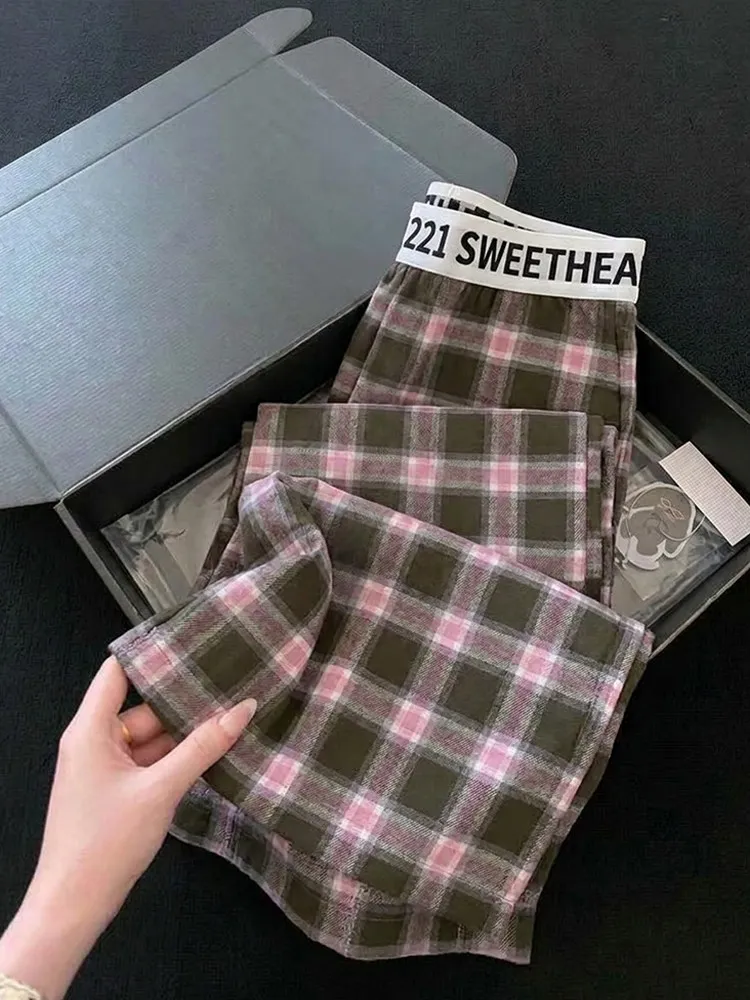 Retro Plaid Patchwork Casual Pants Women's Slimming Loose Brown Grid Wide Leg Pants Trendy Loose Fit Trousers for Men