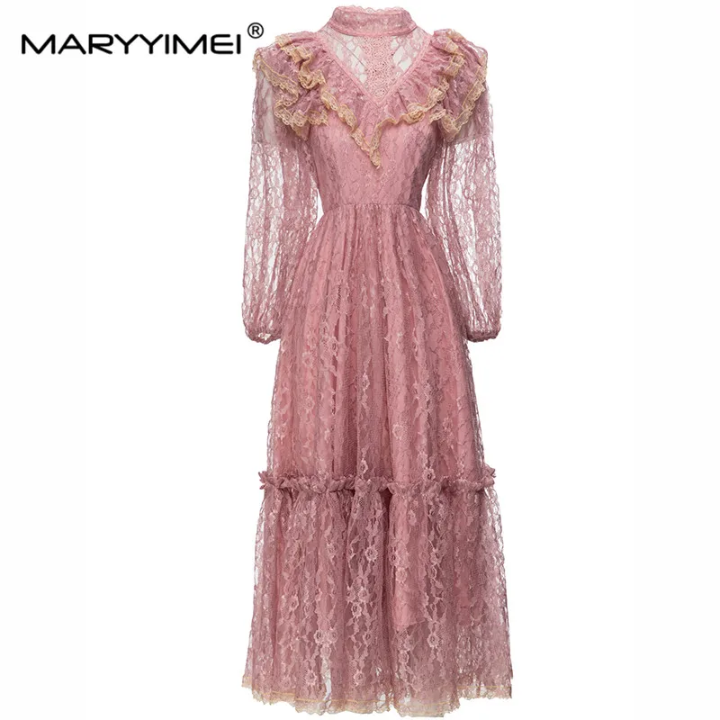 

MARYYIMEI Lantern Sleeve Standing Collar Ruffle Lace dress 2023 Spring Autumn New Holiday Long Dresses