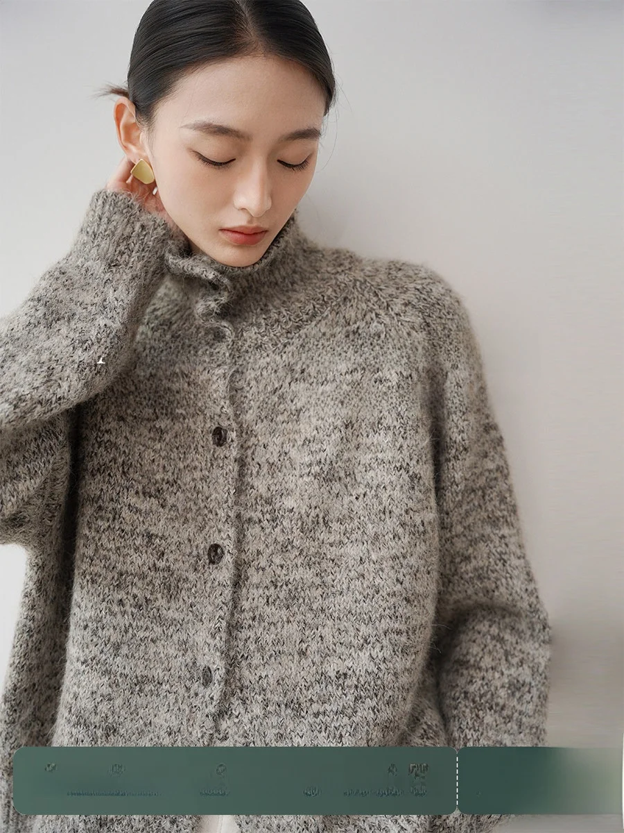 

Женский вязаный кардиган Achu с высоким воротником, свободный утепленный свитер-пальто на пуговицах, осенне-зимний, мягкий, уютный, с длинными рукавами