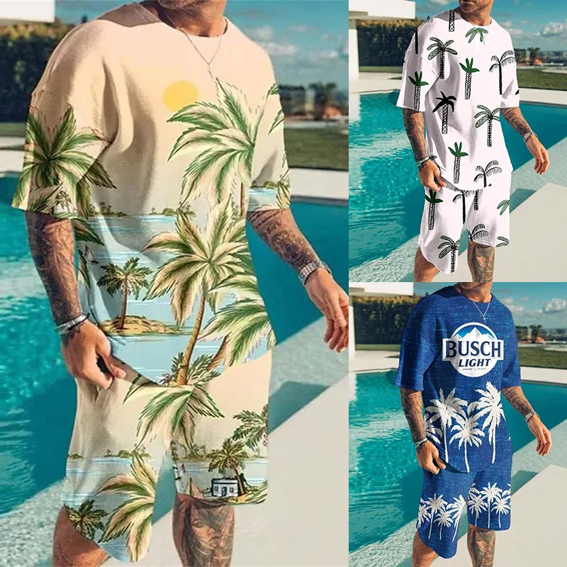 2024 New Men\'s Suit Beach Style Oversized Men\'s Loose Top Short Sleeve Summer Casual Breathable Fresh Set Printed Coconut Tree