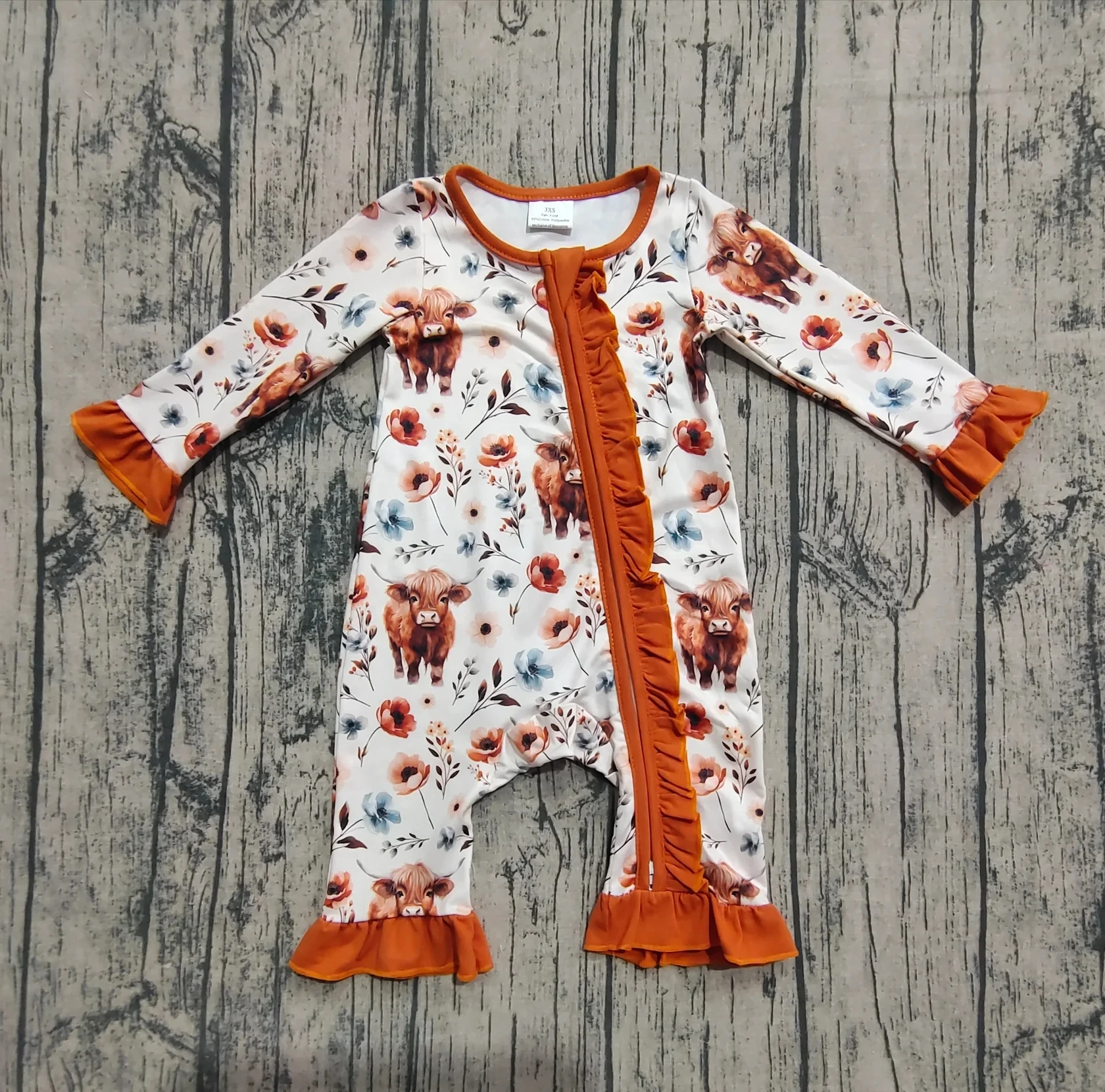 

9.2 Toddler Newborn Coverall Western Bodysuit Infant Children Long Sleeves Girl Zipper Romper Kids Cow Flower Clothes