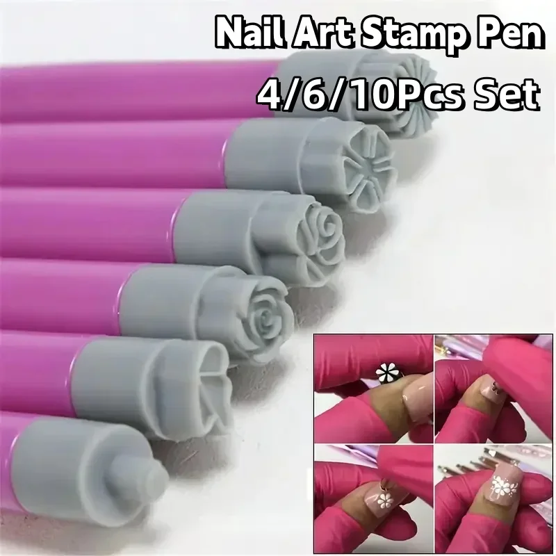 4/6/10Pcs Nail Art Stamping Pens Set Easy Print Shapes 9D Daisy/Rose/Butterfly Nail Stamping Tools for DIY Manicure Accesorios