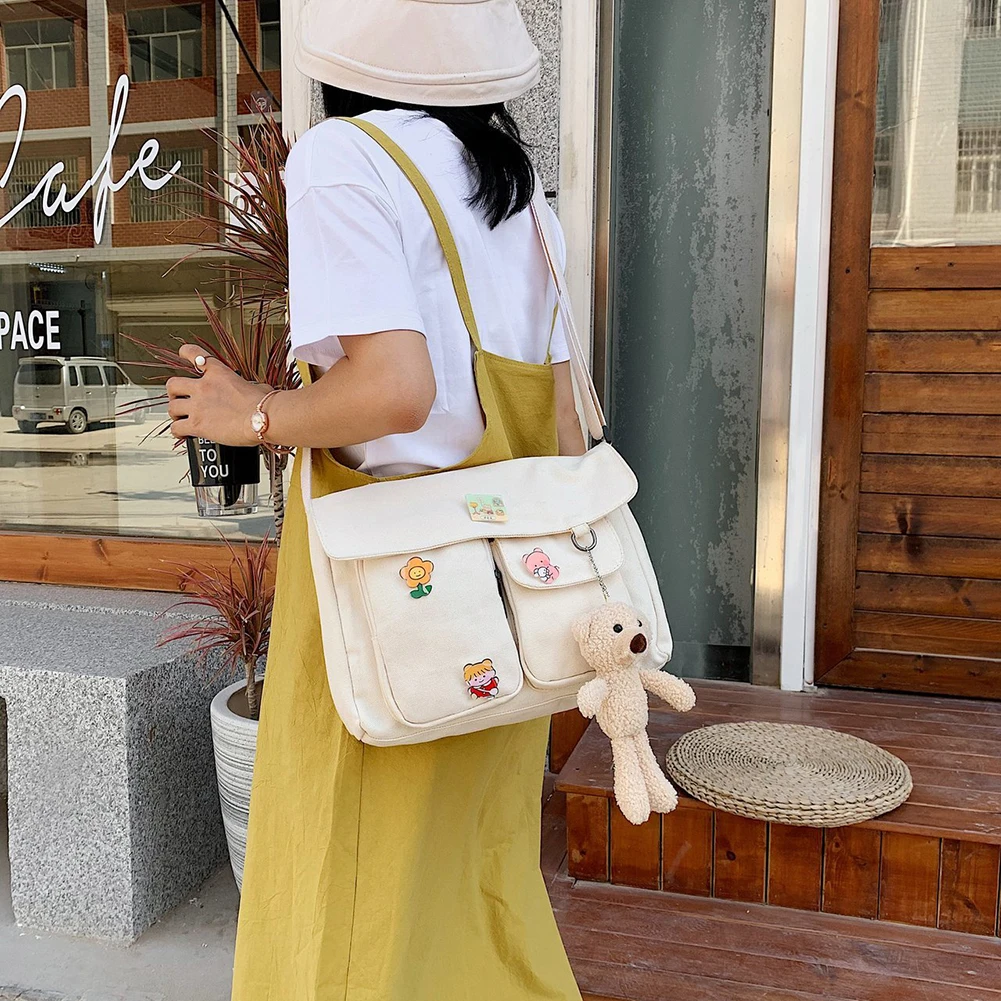 

Canvas Crossbody Bag Large Capacity Shoulder Bag Students Satchel Handbag Eco-friendly Foldable Reusable Shopping Bag with Badge