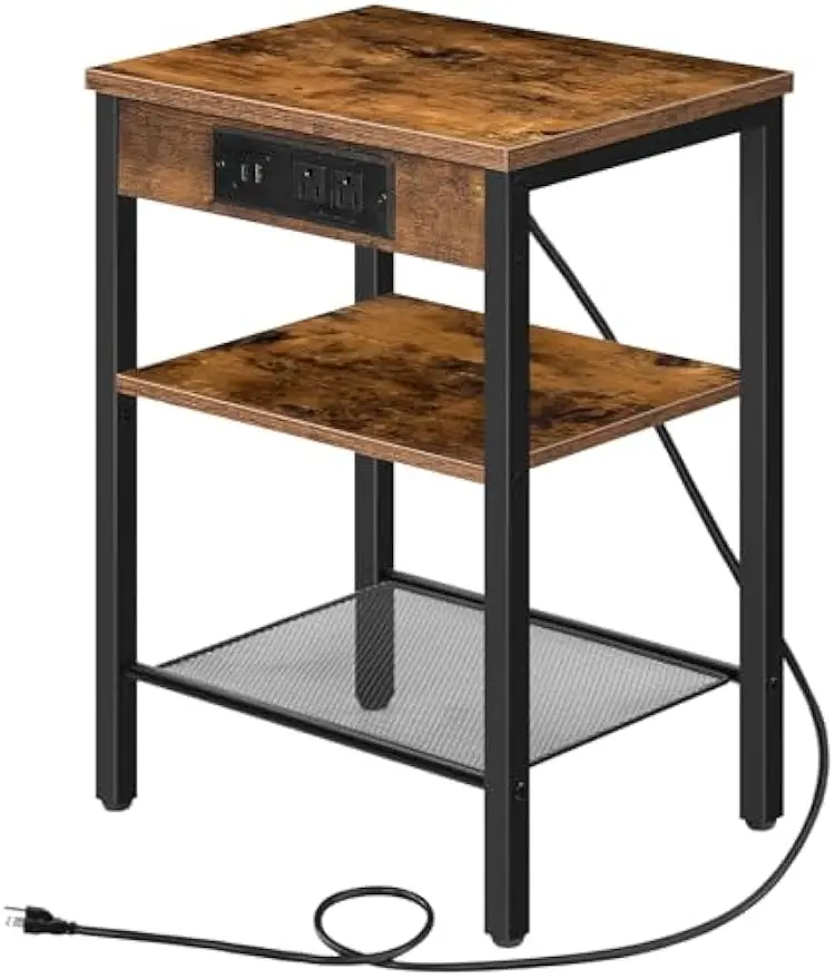 

Small Side Table with Charging Station, USB Port, and Adjustable Shelves for Living Room, Bedroom, or Balcony in Rustic Brown