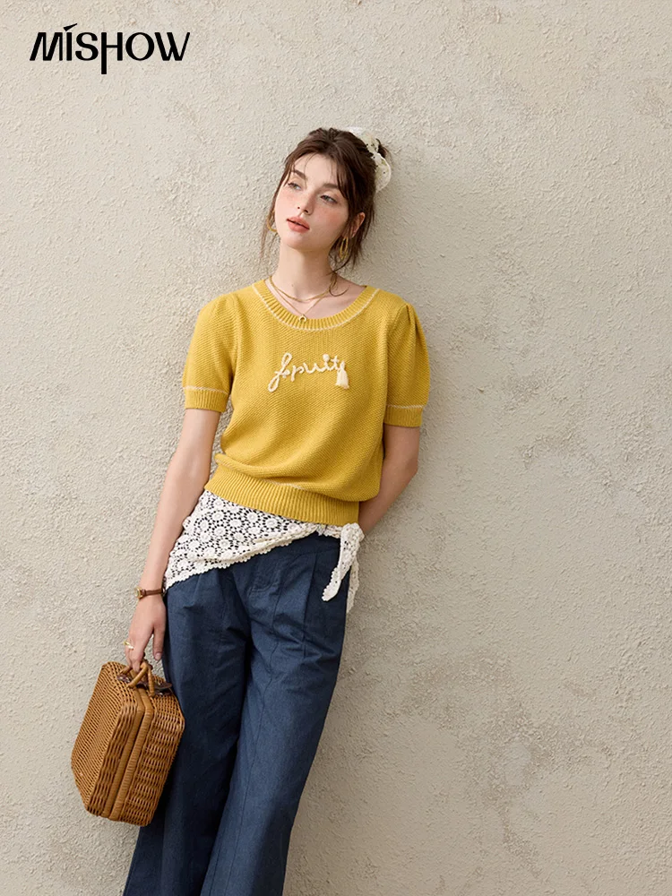 MISHOW Franse Gebreide Trui Vrouwen Zomer 2025 Brief Korte Mouw Ronde Hals Afslanken Trui Vrouwelijke Mode MXE33Z1219