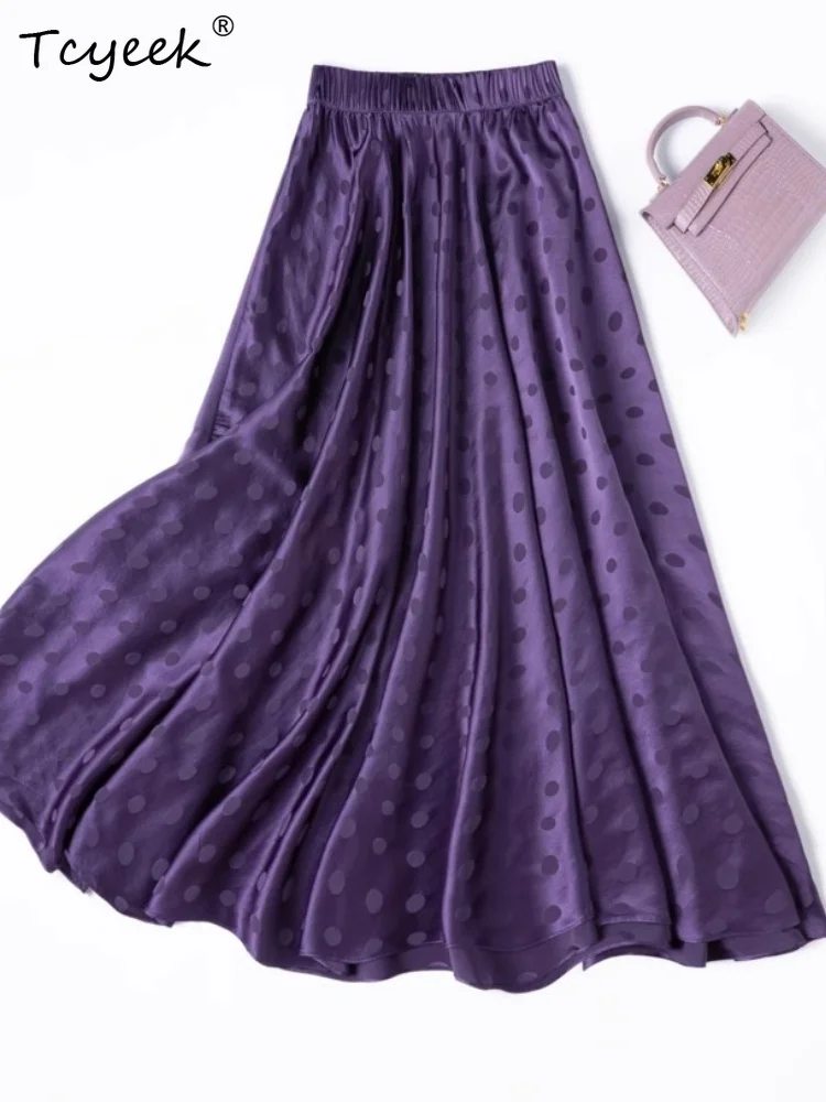 

Tcyeek 21MM 93% Mulberry Silk 7% Nylon Skirt,Jacquard Satin Slant Cut Elastic Waist Dot Purple Skirts,2025 New D55719JF