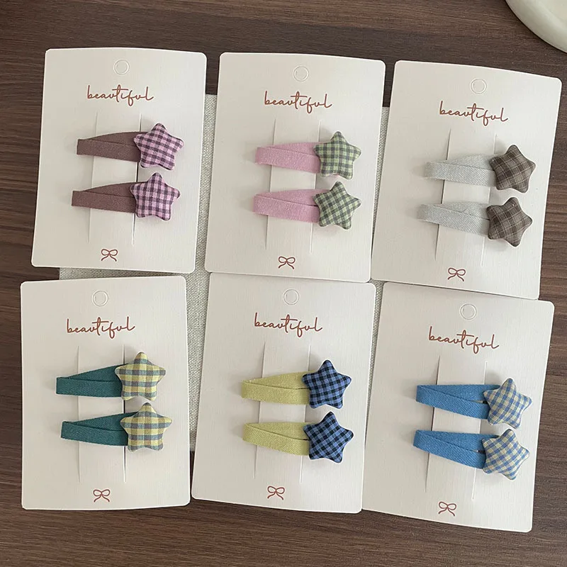 Toddler Plaid Star Kids Hair Clips Pair Checkered Fabric Star BB Barrettes Sweet Girls Hair Accessories Toddler Outfit Cute ZX07