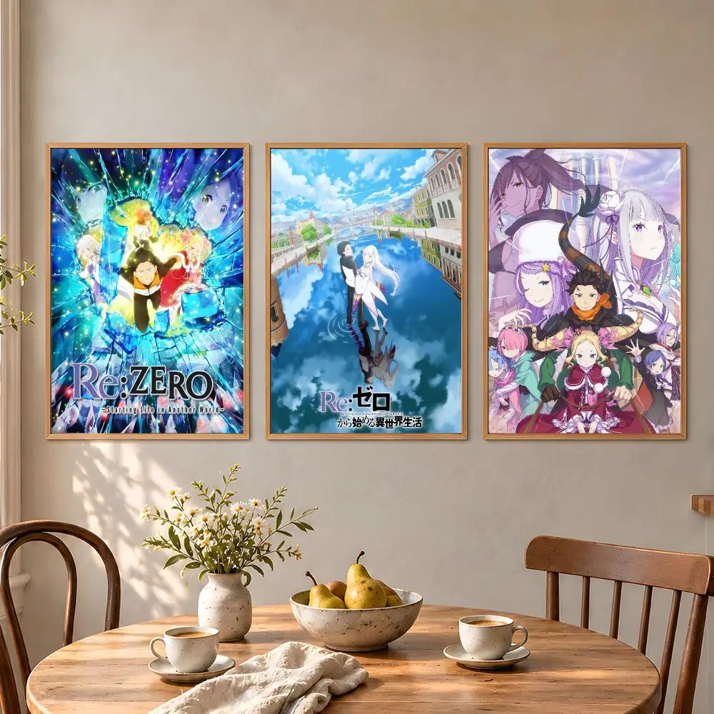 Anime ReZero Subaru Rem Emilia Ram Poster Aesthetic Wall Art Poster HD Waterproof PP Self Adhesive Bedroom Dorm Room Decor