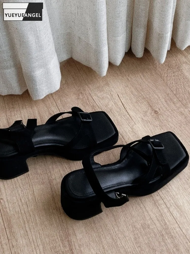 Retro Style Sheepskin High Heels Square Toe Platform Buckle Strap Sandals Solid Color Genuine Leather Chunky Heel Ladies Shoes