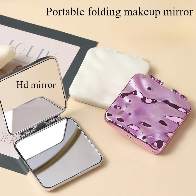 1Pcs Small Double-sided Mirror Portable Mirror Folding Handheld Electroplated Desktop Standing Makeup Beauty Tide Fashion Tool