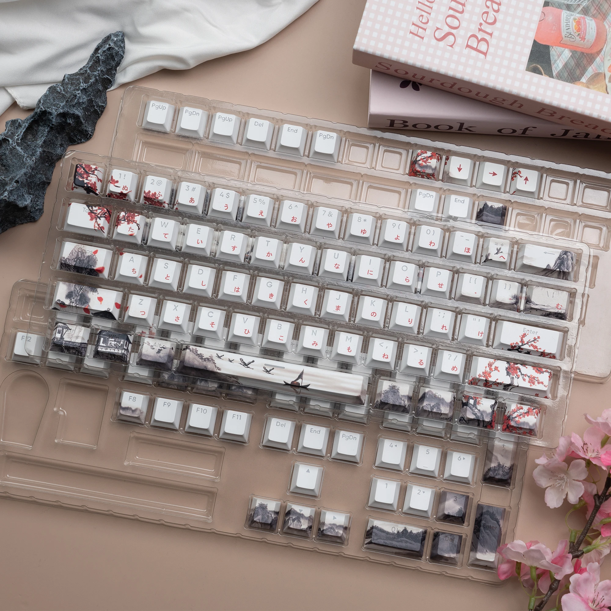 Landscape Plum Blossom Japanese RGB Backlit Keycaps 5 Sides Dye Sublimation PBT Keycaps Cherry Profile for MX Switch Keyboard