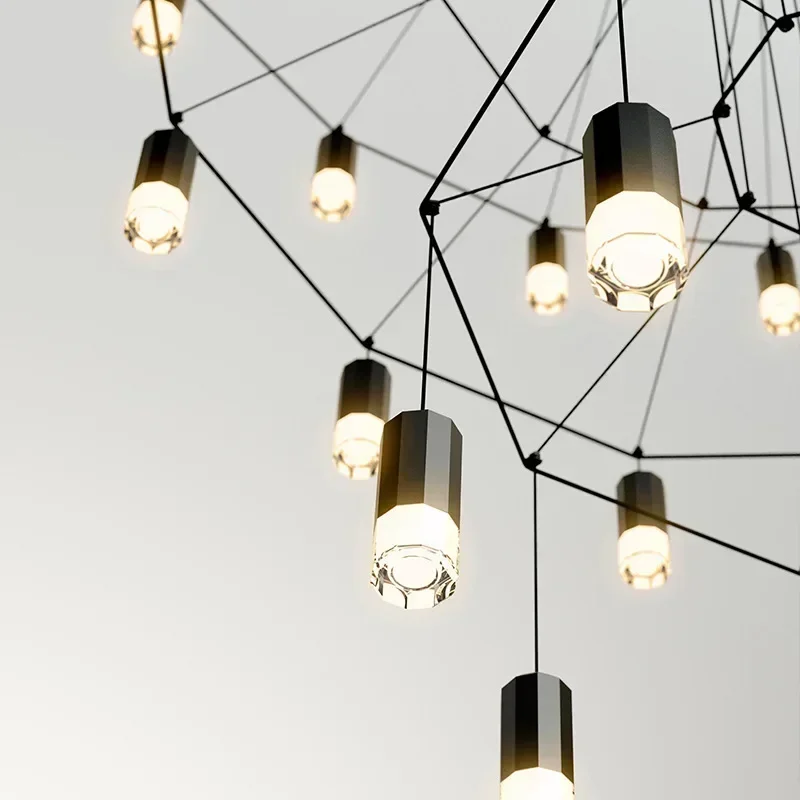 الشمال الإبداعية Led الأسود الاكريليك الهندسة شكل الثريا غرفة المعيشة الدرج قلادة ضوء خط بسيط تصميم مصباح معلق