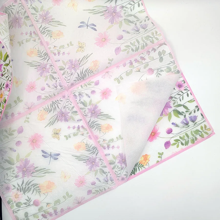 Elegant Floral Napkins with Dragonflies & Butterflies - 2-Ply Water-Absorbent Paper for Wedding Table Decor, Pink Edged Botanica