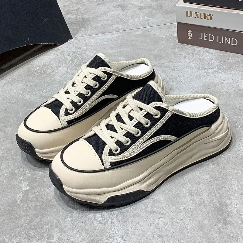 2023 Spring Autumn Women\'s Slippers Fashion Baotou Half Slippers Wear New Style Muffin Lace-Up Casual Canvas Slippers of Women