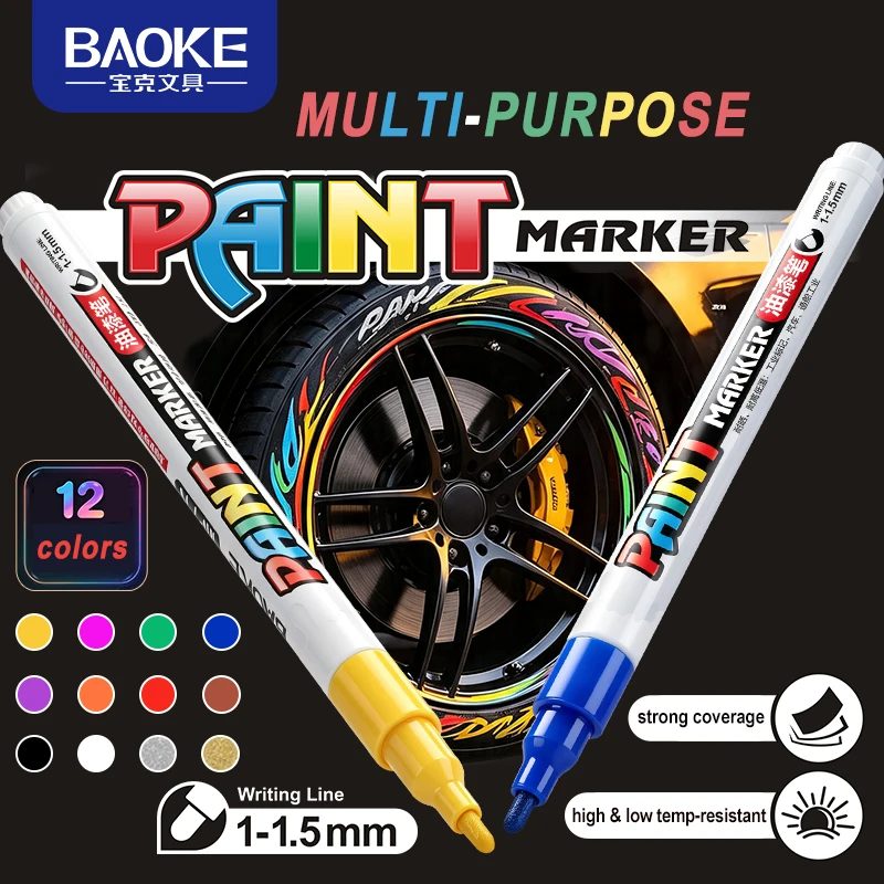 BAOKE MP710 Paint Marker Pen  12 Colors Oil Based Permanent Waterproof for Multi Surfaces DIY Art Marking