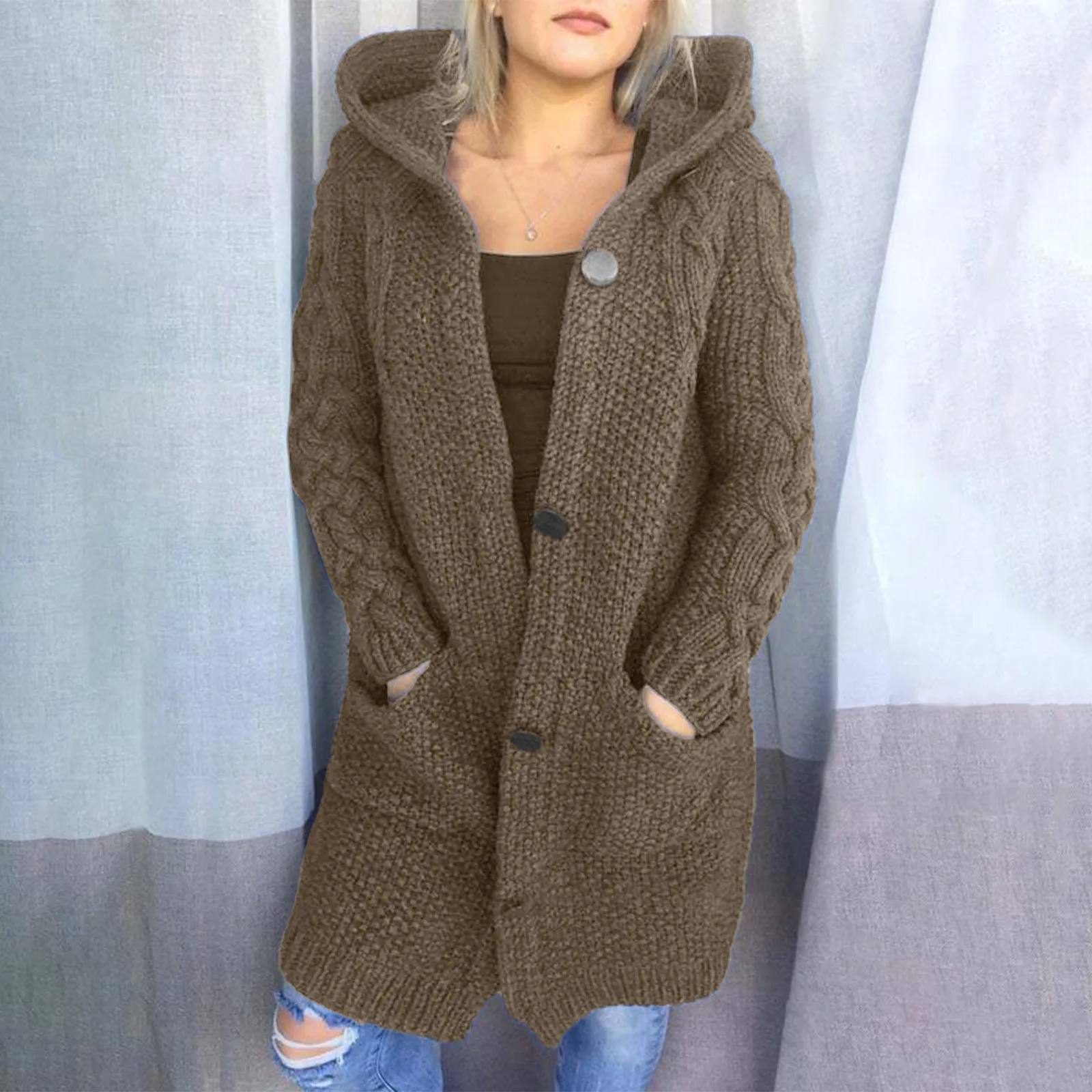 Autumn Winter 2022 New Fashion Long Sweater Women Hooded Thickened Medium Female Knitted Cardigan